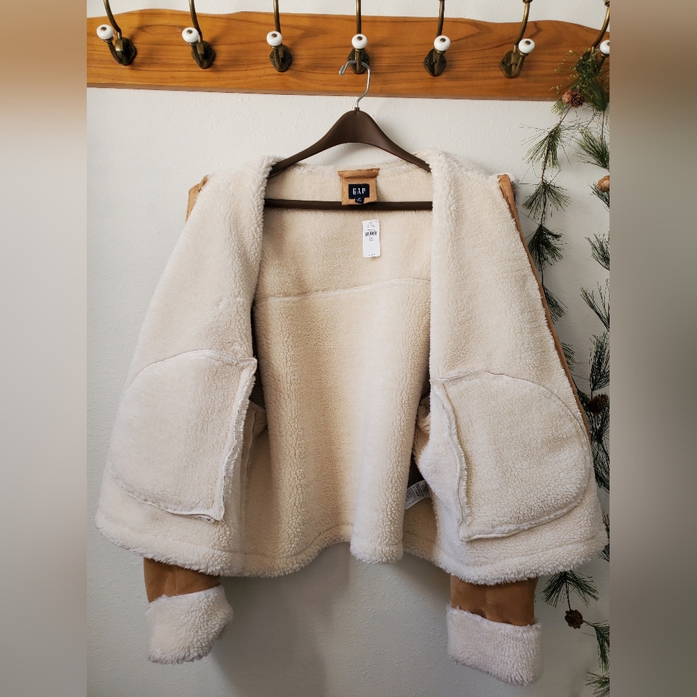 Gap Women's XXL Tall Vegan Suede Sherpa-Trim Jacket Brannan Brown NWT - Picture 8 of 15